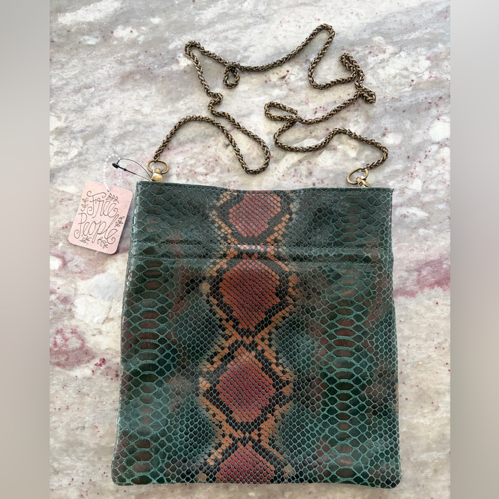 NWT Free People Teal and Rust Snake-Print Chain Crossbody Bag